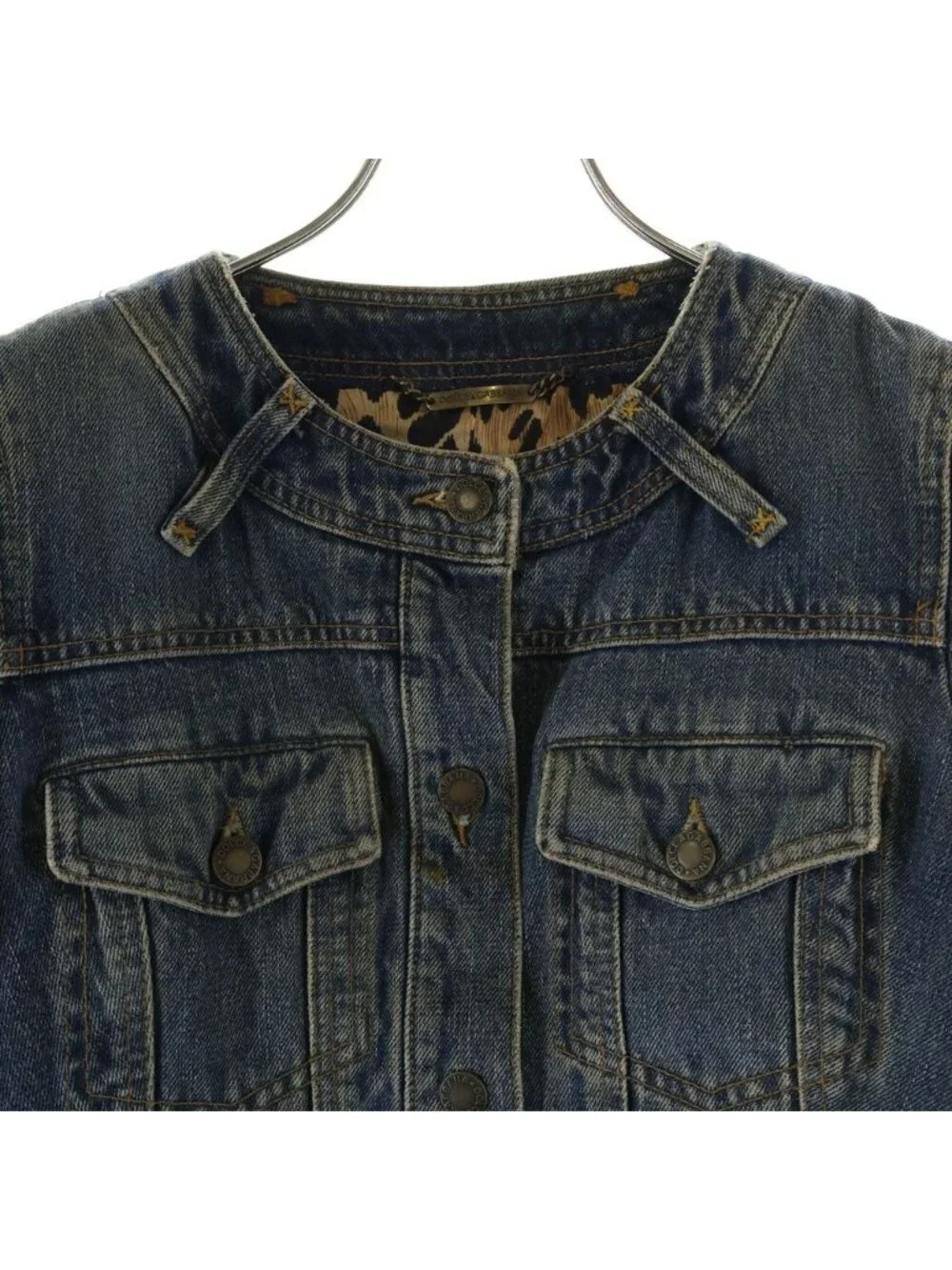 Dolce & Gabbana Collarless Lined Leopard Denim Jacket Indigo
